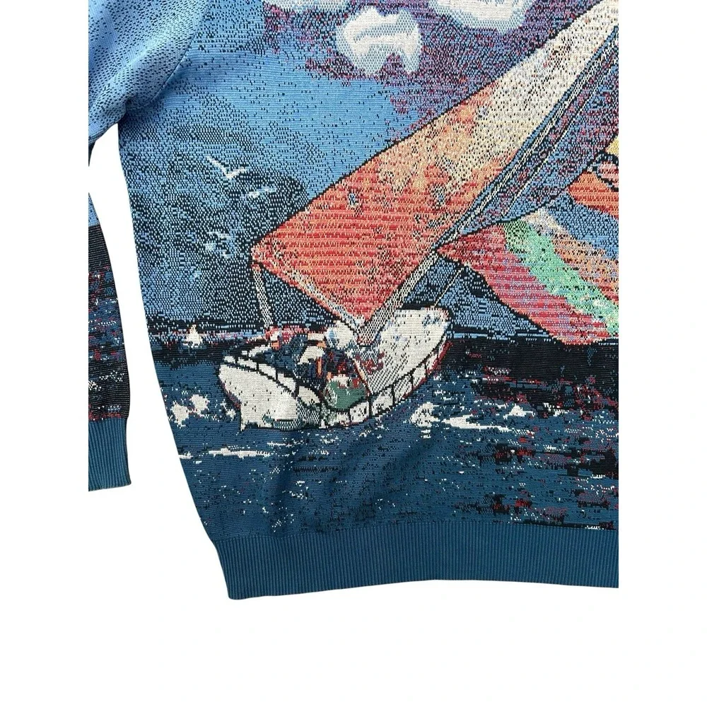Vintage St. Croix Knits Sweater Men's XL Blue Sailboat Clouds Nautical Jacquard